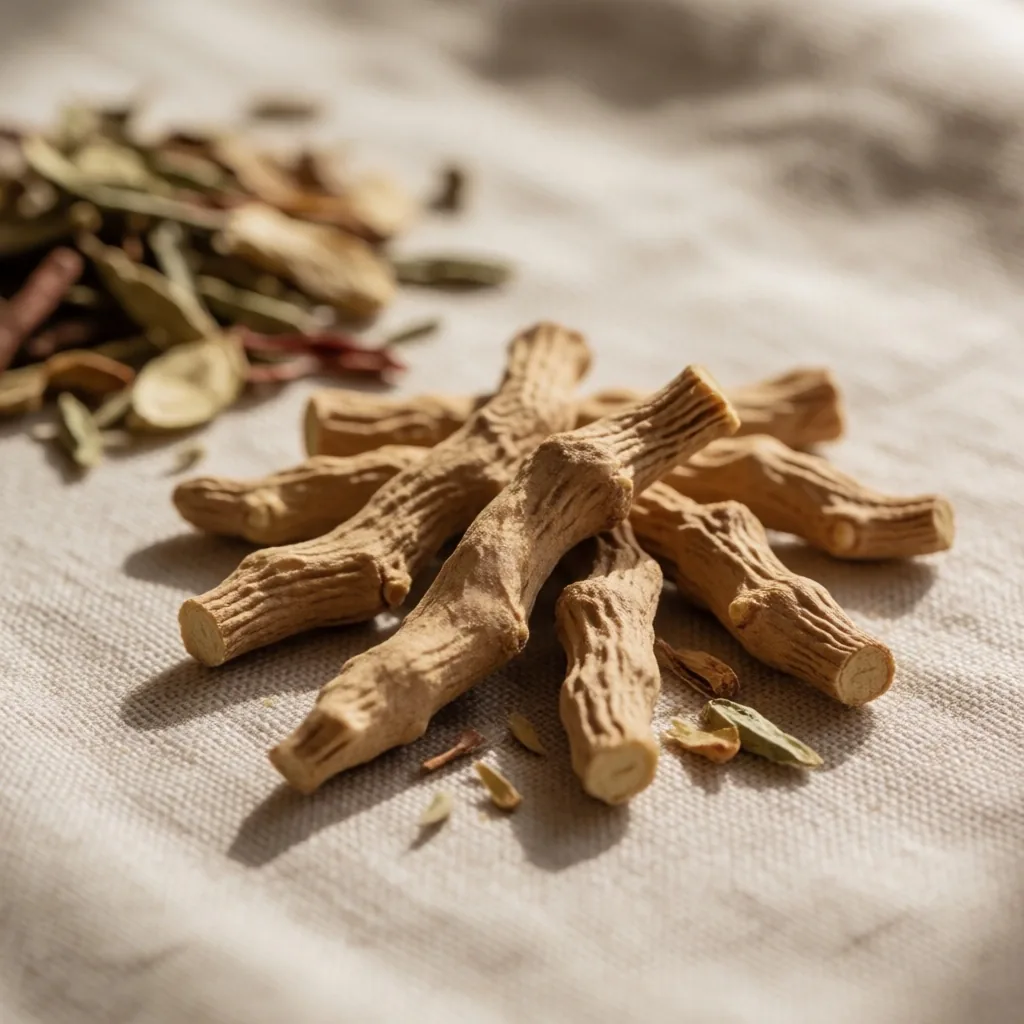 Racines d'ashwagandha sur lin