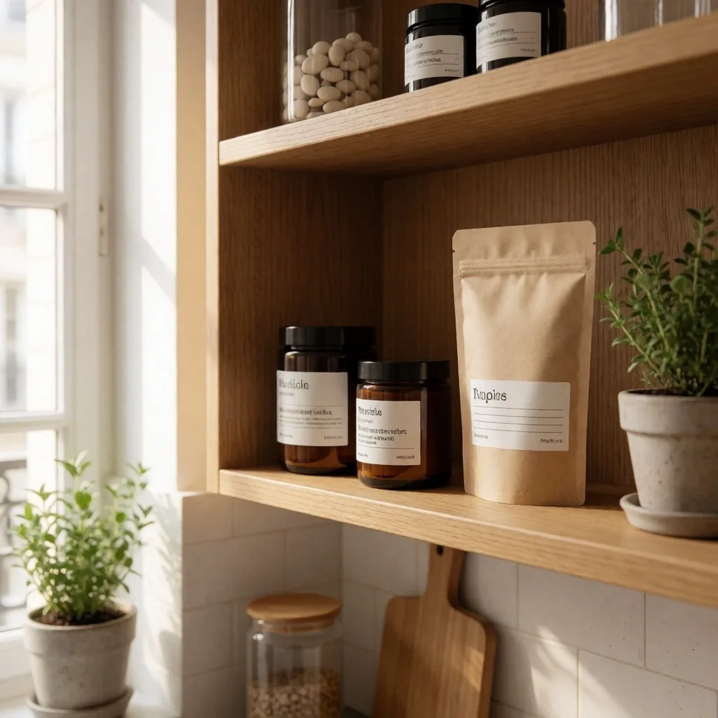 Étagère de rangement pour compléments alimentaires dans une cuisine lumineuse