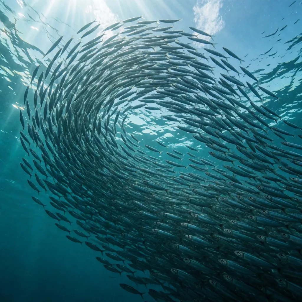 Banc de petits poissons sauvages en haute mer